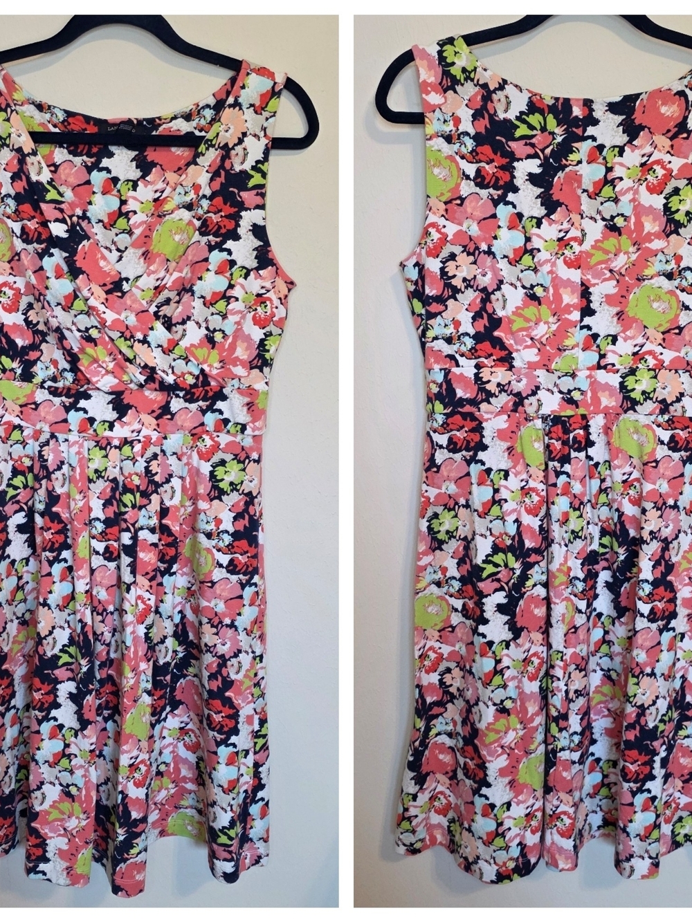 Lands' End Coral, Navy & Lime Floral Sleeveless Fit-and-Flare Dress